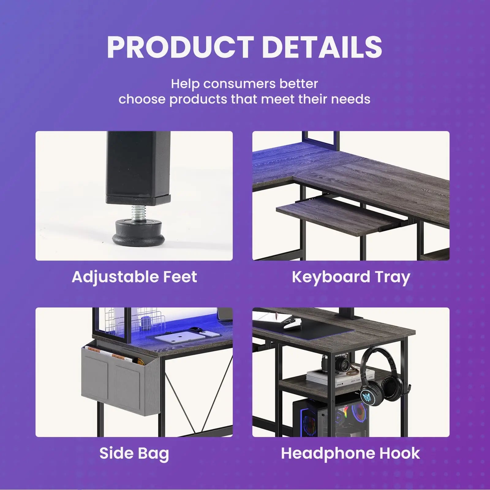 JHK 67IN L Shaped Reversible Gaming Desk with Led Lights Corner Table Keyboard Tray Side Bag Storage Shelf Wood Table for Office