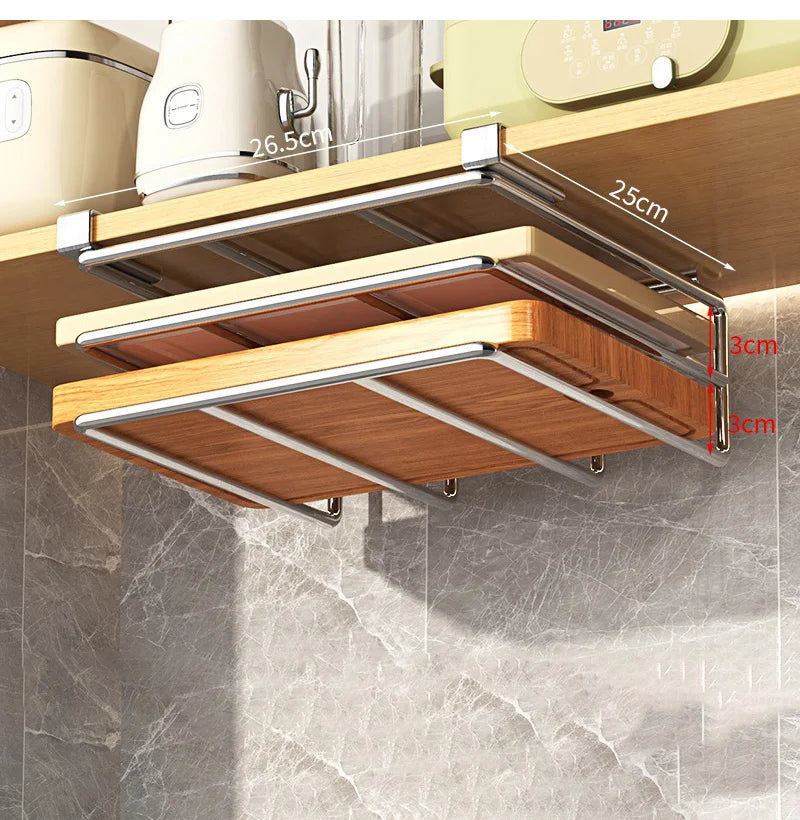 Under Kitchen Cabinet Hanging Organizer Cutting Board Storage Rack Paper Towel Holder No Punch Pot Lid Storage Kitchenware Hook