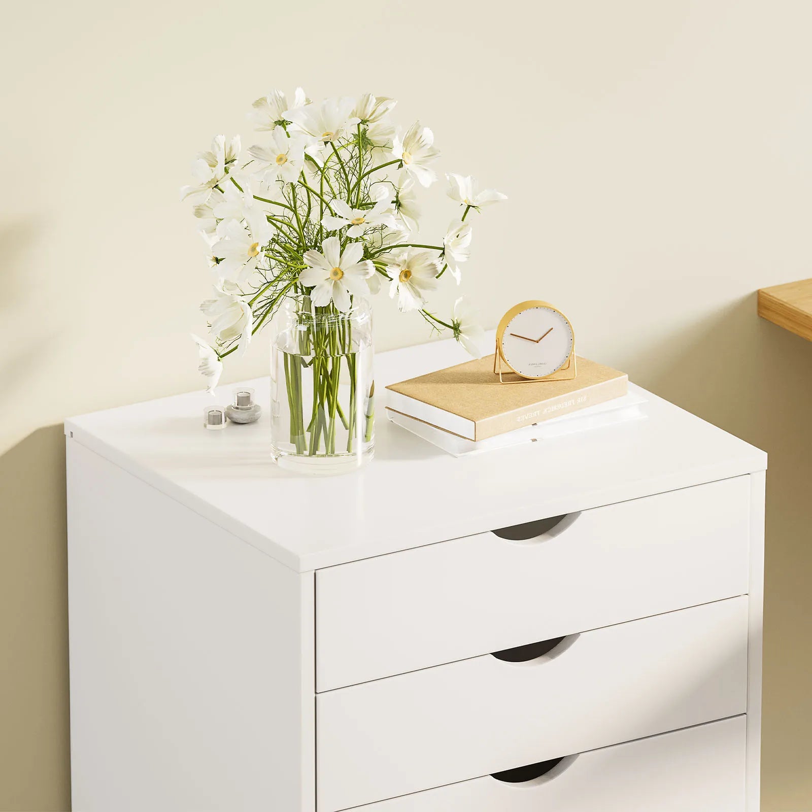 JHK Wood Nightstand Cabinet 5 Drawers Waterproof Surface Storage Organizer File Office Easy To Move Bedside Table Rotating Wheel