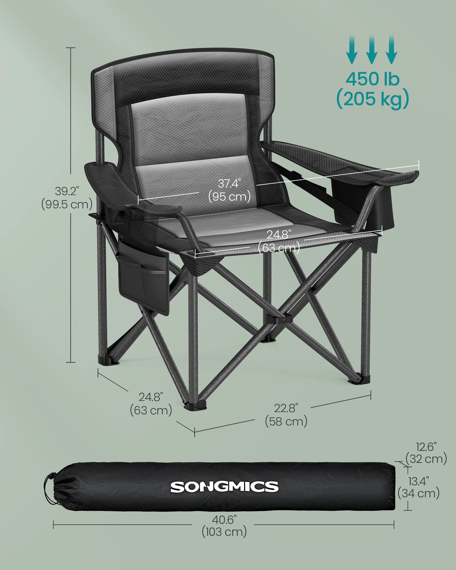 SONGMICS Oversized Lumbar Support Camping Chair, Heavy-Duty Outdoor Folding Chair Comfortable, Padded, Glamping, Cooler Bag, Wei