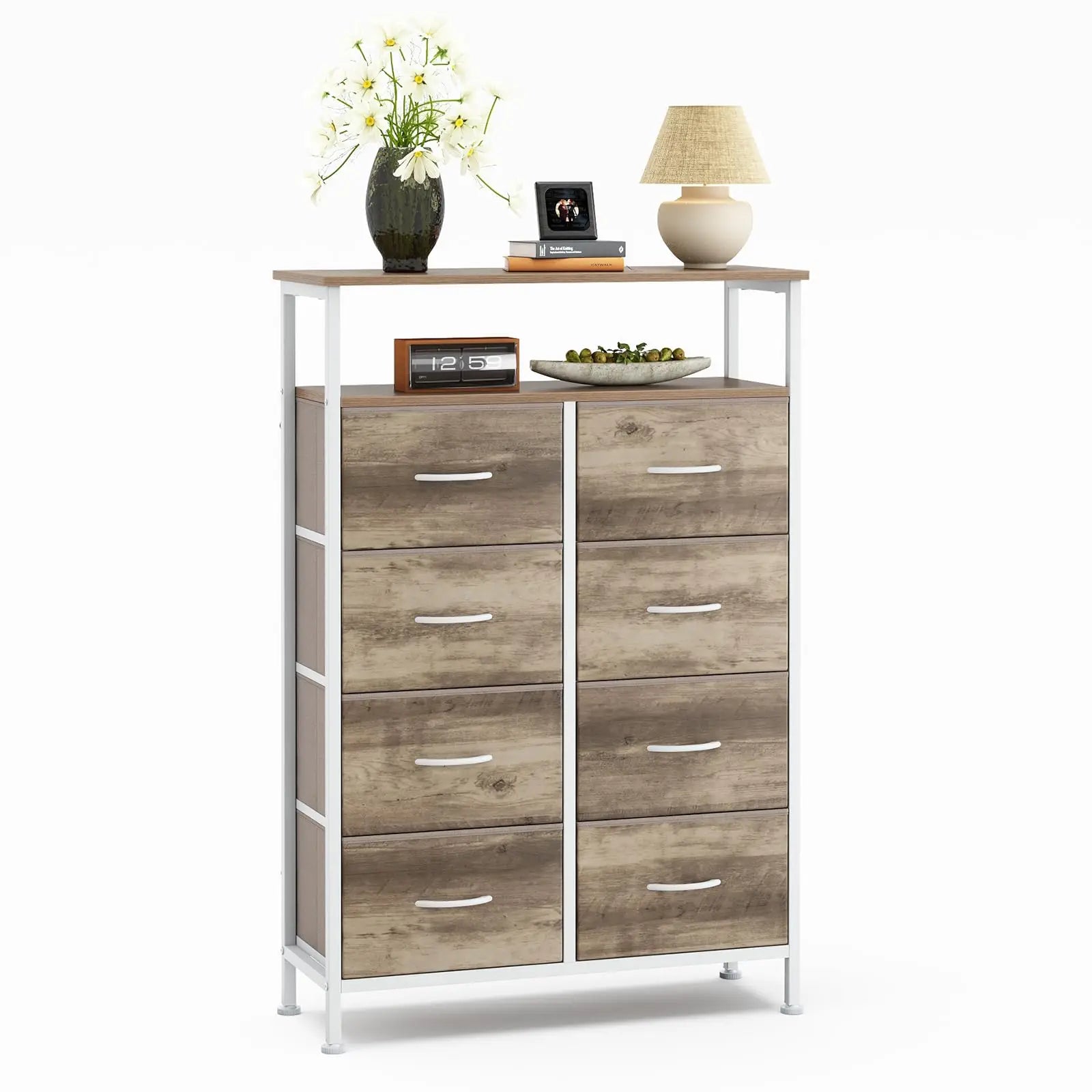 JHK 8 Fabric Drawers Cabinet For Living Room Wooden Top TV Stand with Charging Station Raised Shelf Storage Display Furniture