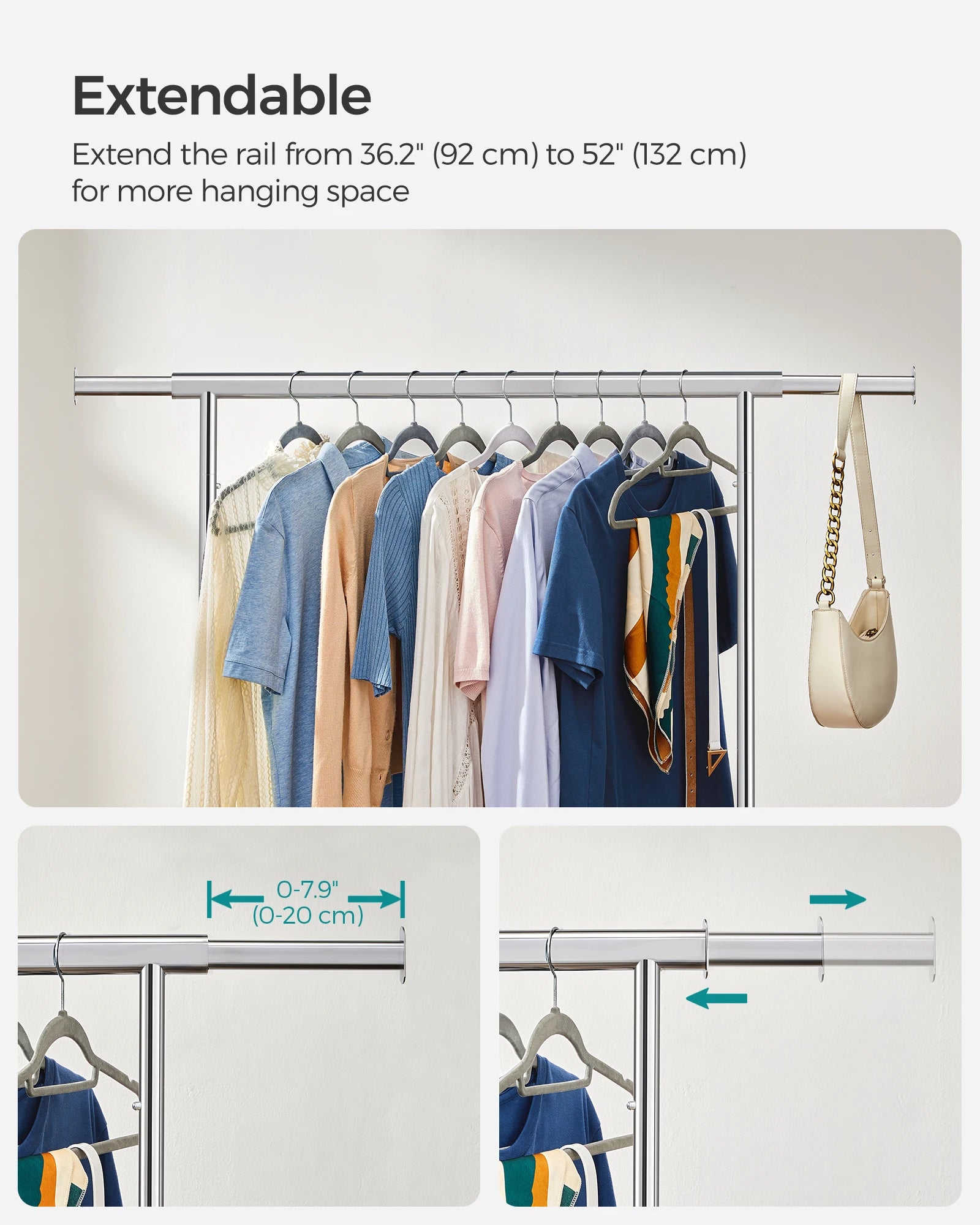 SONGMICS Clothes Rack with Wheels, Heavy-Duty Clothing Rack for Hanging Clothes, Portable, 17.7 x (36.2-52) x 63.6 Inches, with