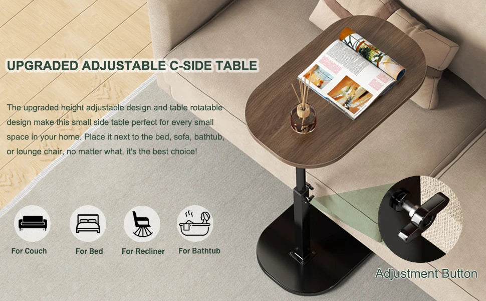 Adjustable C-Shaped Side Table with Swivel Top - Multi-Height End Table for Couch, Bed, Bathtub & Living Room