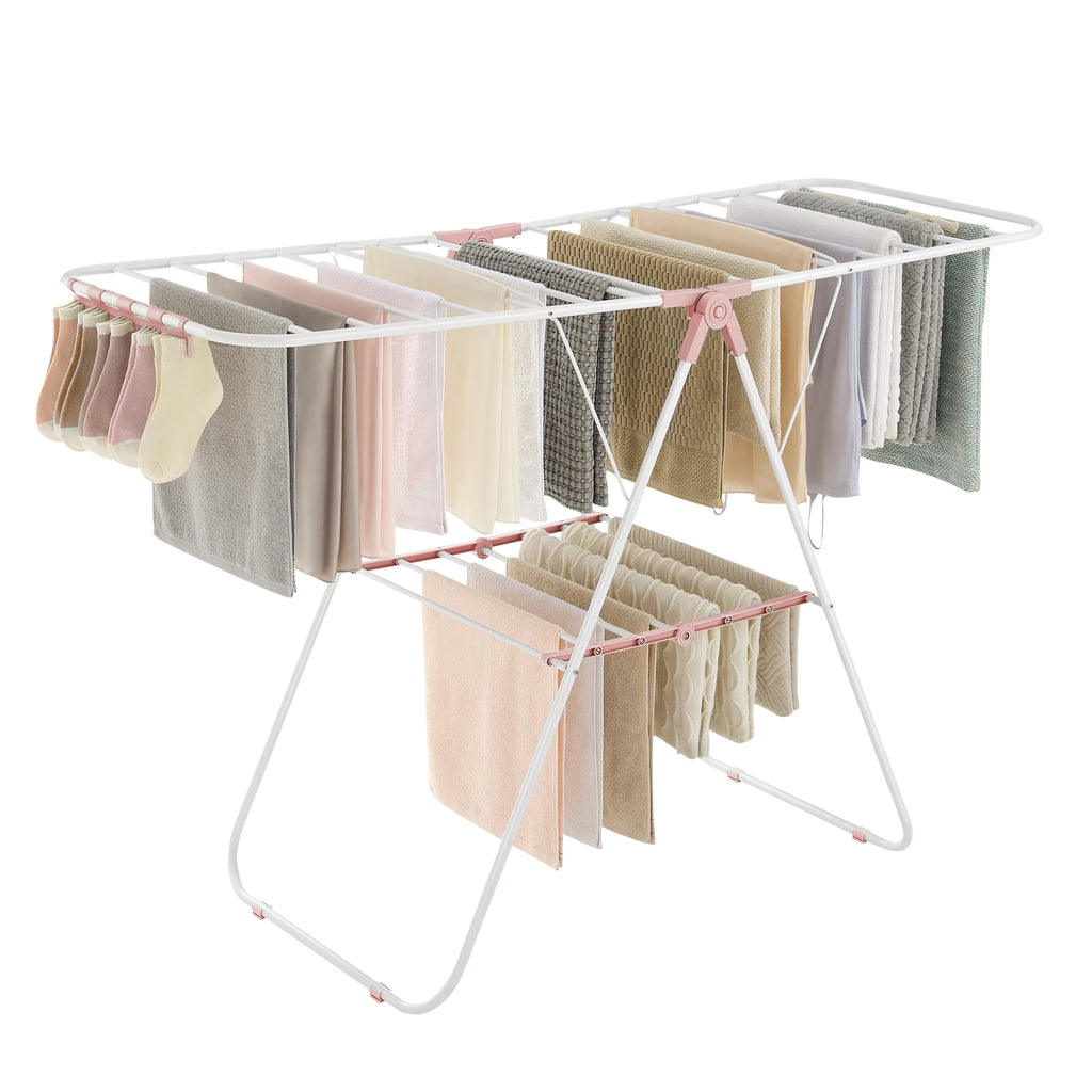 SONGMICS Clothes Drying Rack, with Sock Clips, Metal Laundry Rack, Foldable, Space-Saving, Free-Standing Airer, with 2 Height-Ad