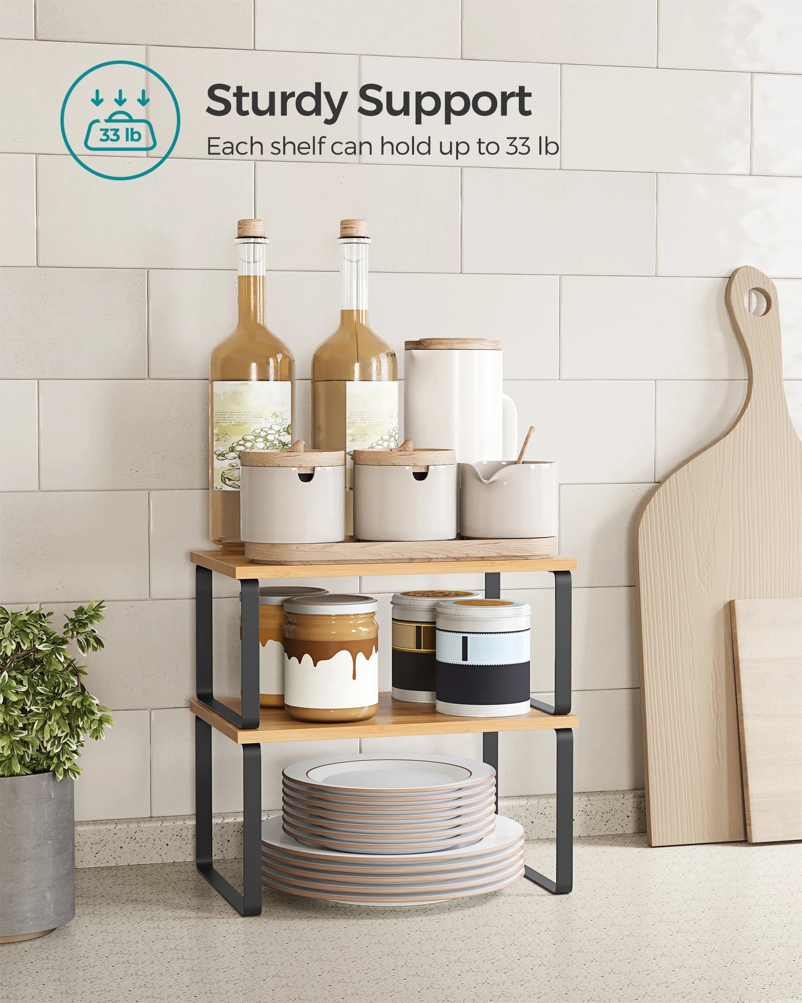 SONGMICS Cabinet Organizer Shelf, Set of 2 Kitchen Counter Shelves, Kitchen Storage, Spice Rack, Stackable, Expandable, Metal an