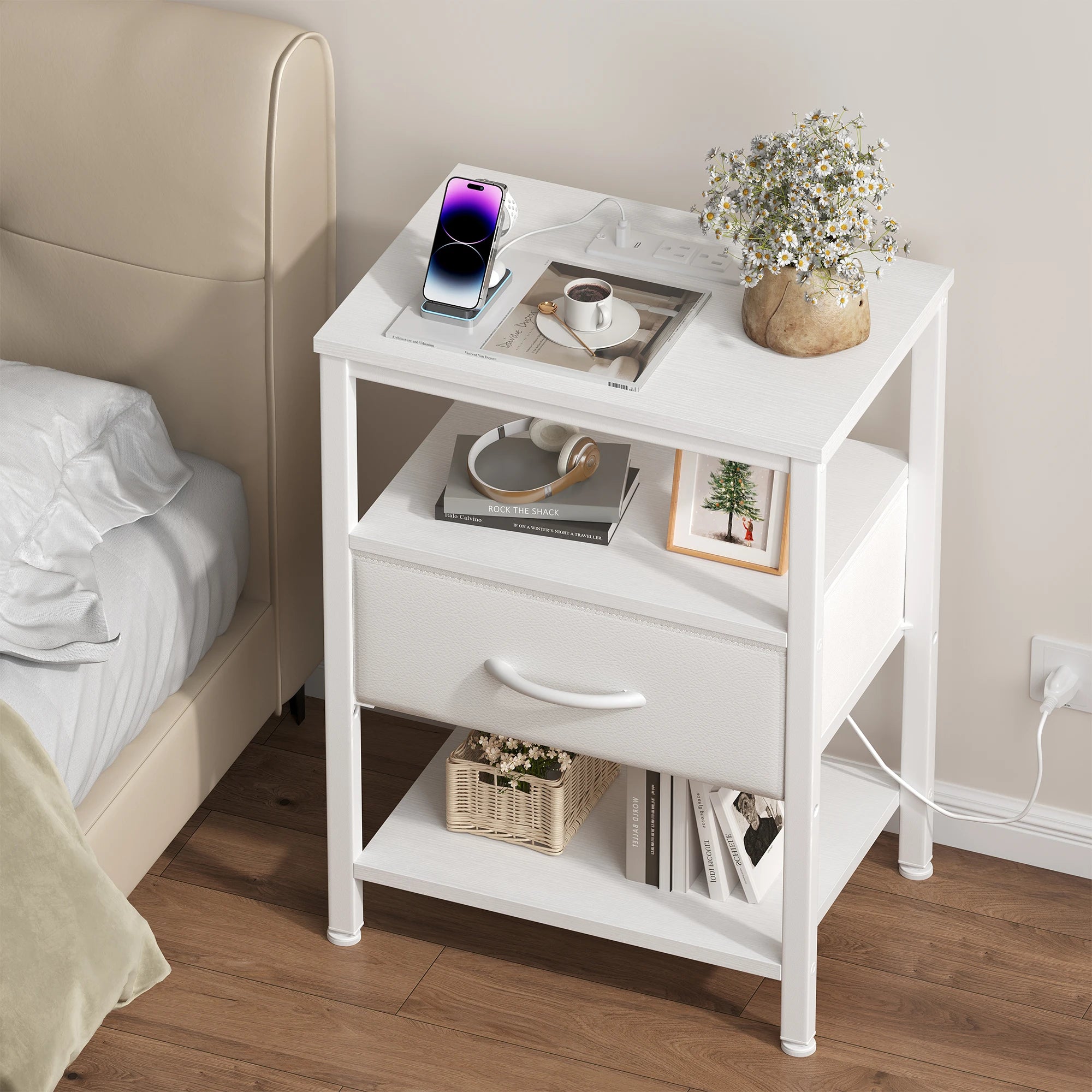 JHK 3-Tier Nightstand Set of 2 with Wireless Charging Station Bedside Tables with Adjustable Fabric Drawers Storage Open Shelf