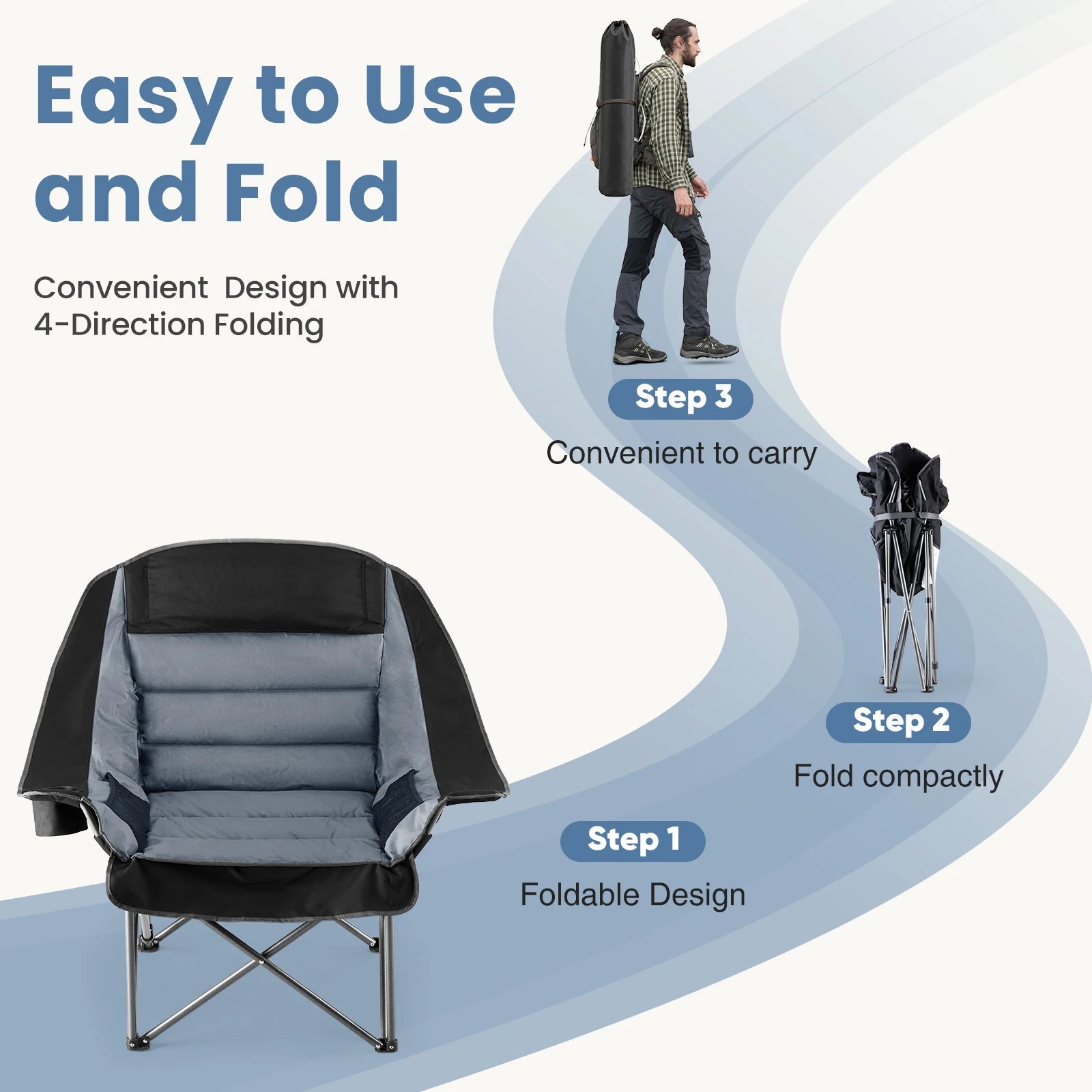 JHK 450lbs Oversized Camping Chair Folding Chair with Cup Holder Padded Armrests Sturdy Steel Frame Outdoor Picnic Chair