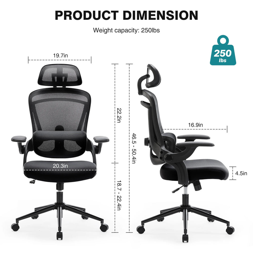 JHK Ergonomic Mesh Office Chair Adjustable Lumbar Support 120°Tilt High Back Comfortable Computer Chair with Soft Flip Up Arms