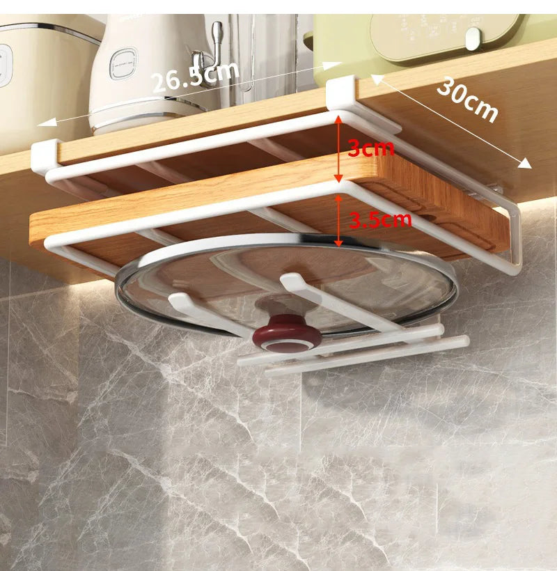 Under Kitchen Cabinet Hanging Organizer Cutting Board Storage Rack Paper Towel Holder No Punch Pot Lid Storage Kitchenware Hook