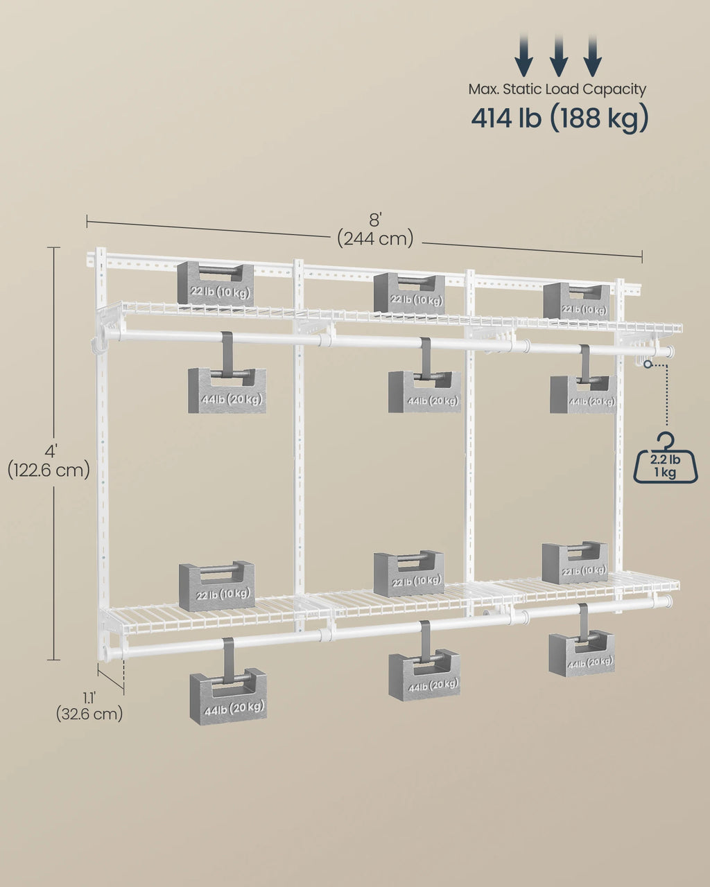 SONGMICS HOME Closet System, Closet Insert Organizer, 4-6 ft, Adjustable Metal Shelving Unit with 6 Hanging Rods, 6 Shelves, and