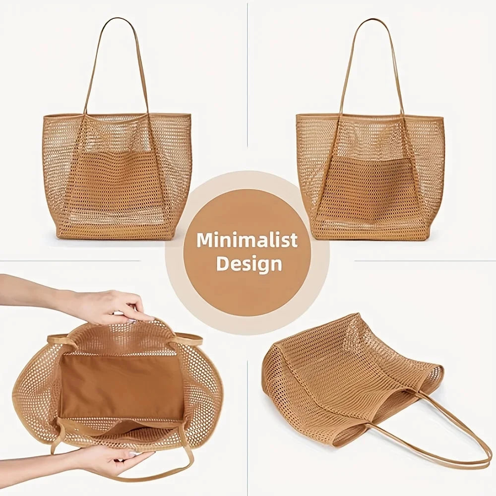 1pc Large Capacity Beach Bag Mesh Women's Single-shoulder Bag Foldable Travel Storage Bag Portable Shopping Bag Toiletry Bag