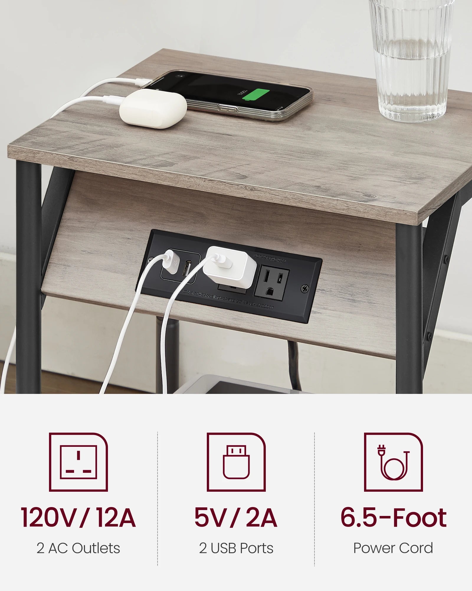 VASAGLE End Table with Charging Station, Small Side Table for Living Room, Bedroom, Nightstand with Outlets and USB Ports, Bedsi