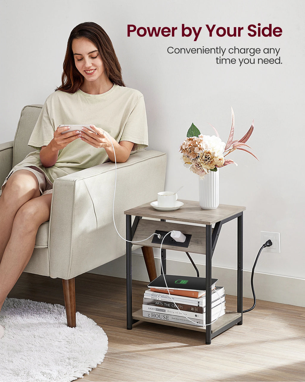VASAGLE End Table with Charging Station, Small Side Table for Living Room, Bedroom, Nightstand with Outlets and USB Ports, Bedsi