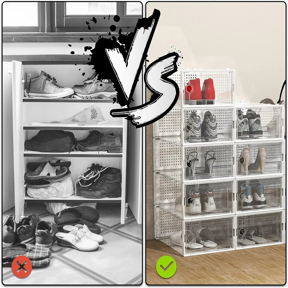 12-Pack Transparent Plastic Stackable Foldable Shoe Storage Boxes for Closet Sports Shoe Organizers Linkable Design Shoe Racks