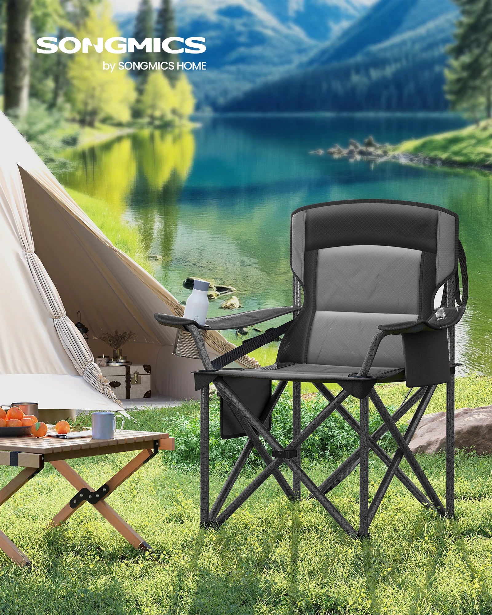 SONGMICS Oversized Lumbar Support Camping Chair, Heavy-Duty Outdoor Folding Chair Comfortable, Padded, Glamping, Cooler Bag, Wei