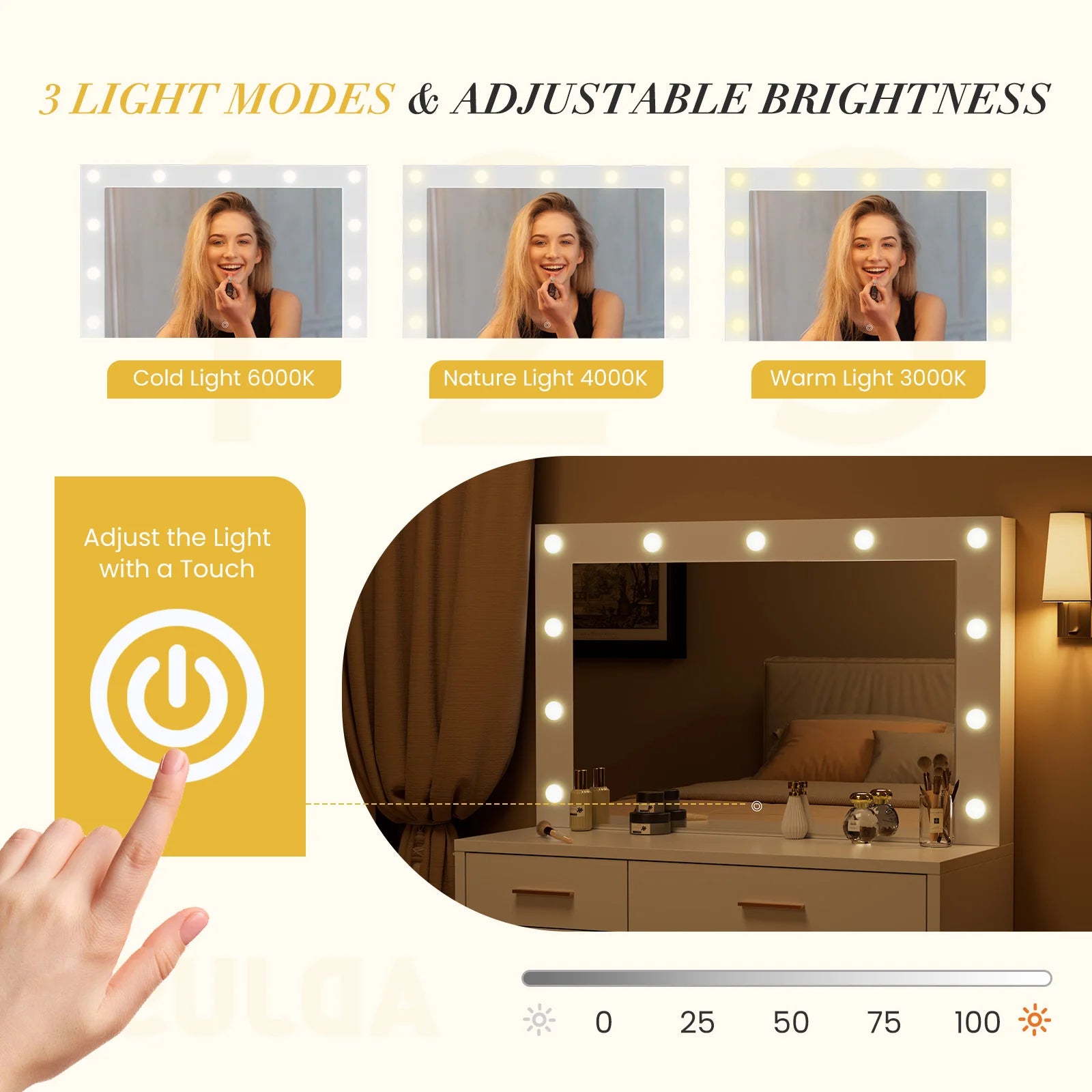 JHK Desser For Bedroom Vanity Desk with Mirror and Light Bulb or Strip LED Lights Adjustable Brightness with Charging Station