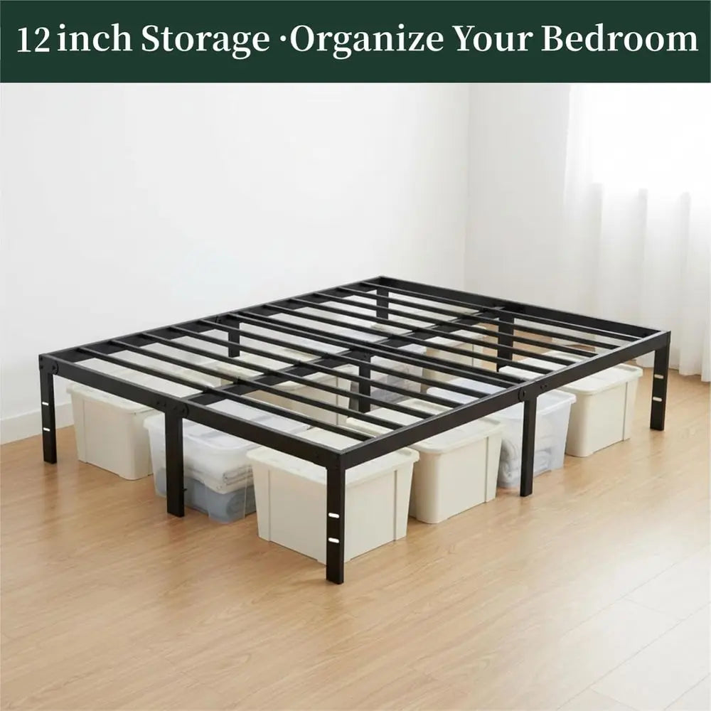 Queen Size 14 Metal Platform Bed with Steel Slat Support, No Box Spring Needed, Easy Assembly, Storage Space