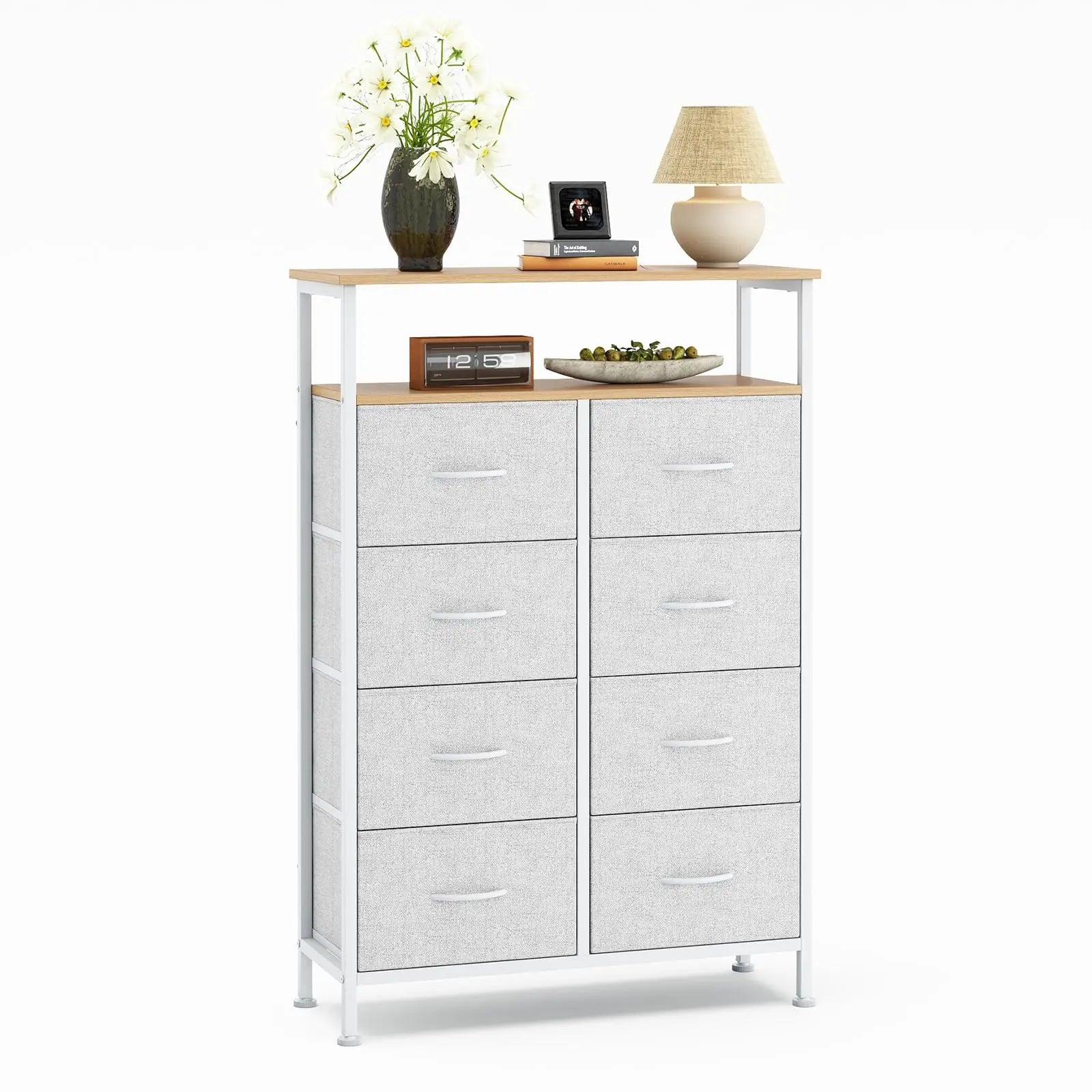 JHK 8 Fabric Drawers Cabinet For Living Room Wooden Top TV Stand with Charging Station Raised Shelf Storage Display Furniture