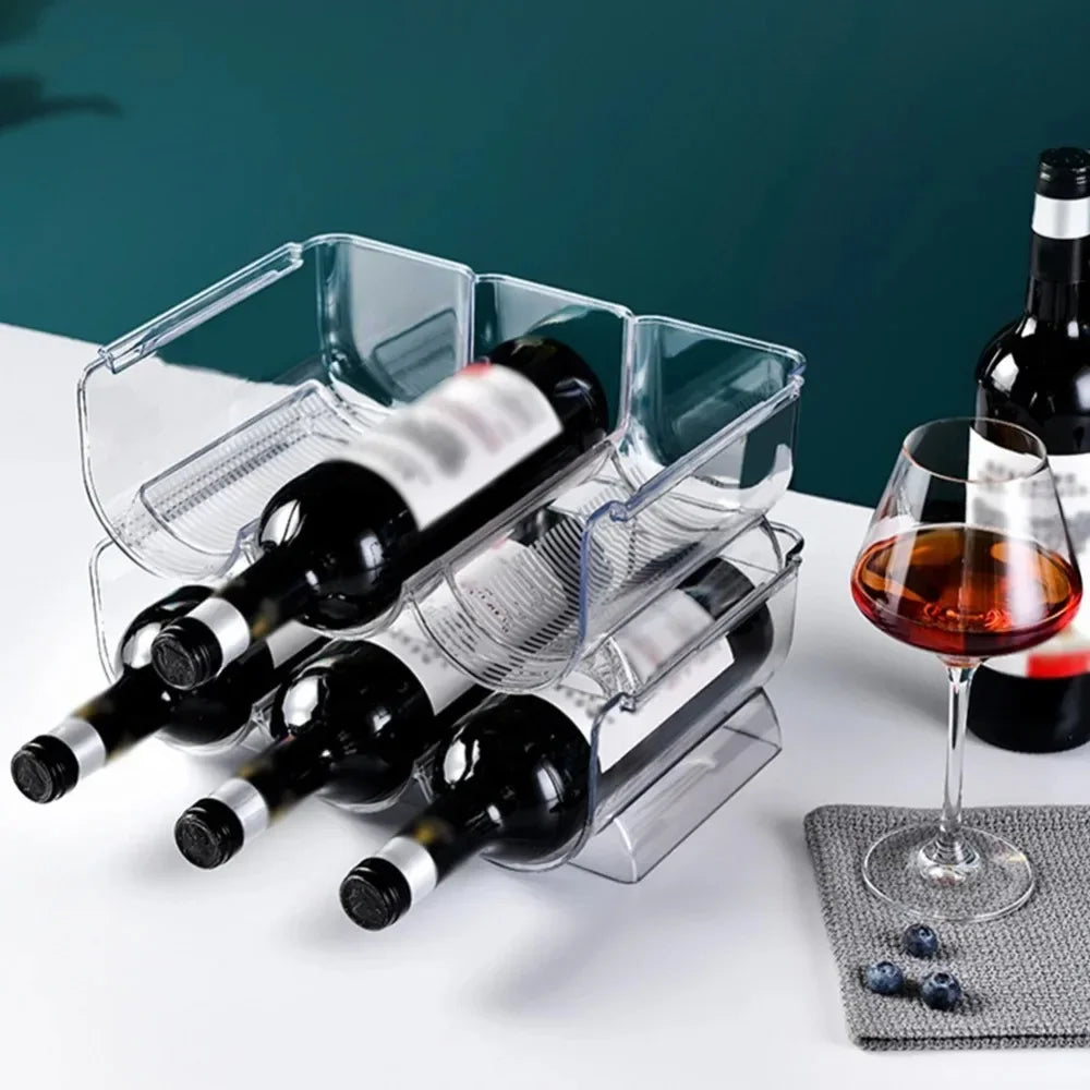 Clear Refrigerator Wine and Water Bottle Holder,  Stackable Plastic Wine Rack Storage Organizer for Fridge, Cabinet, Pantry