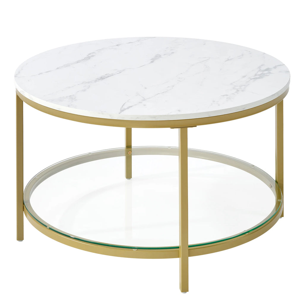 JHK 31IN Marble Round Coffee Table For Living Room 2-Tier Center Counter with Storage Metal Frame Glass Base Tables Modern