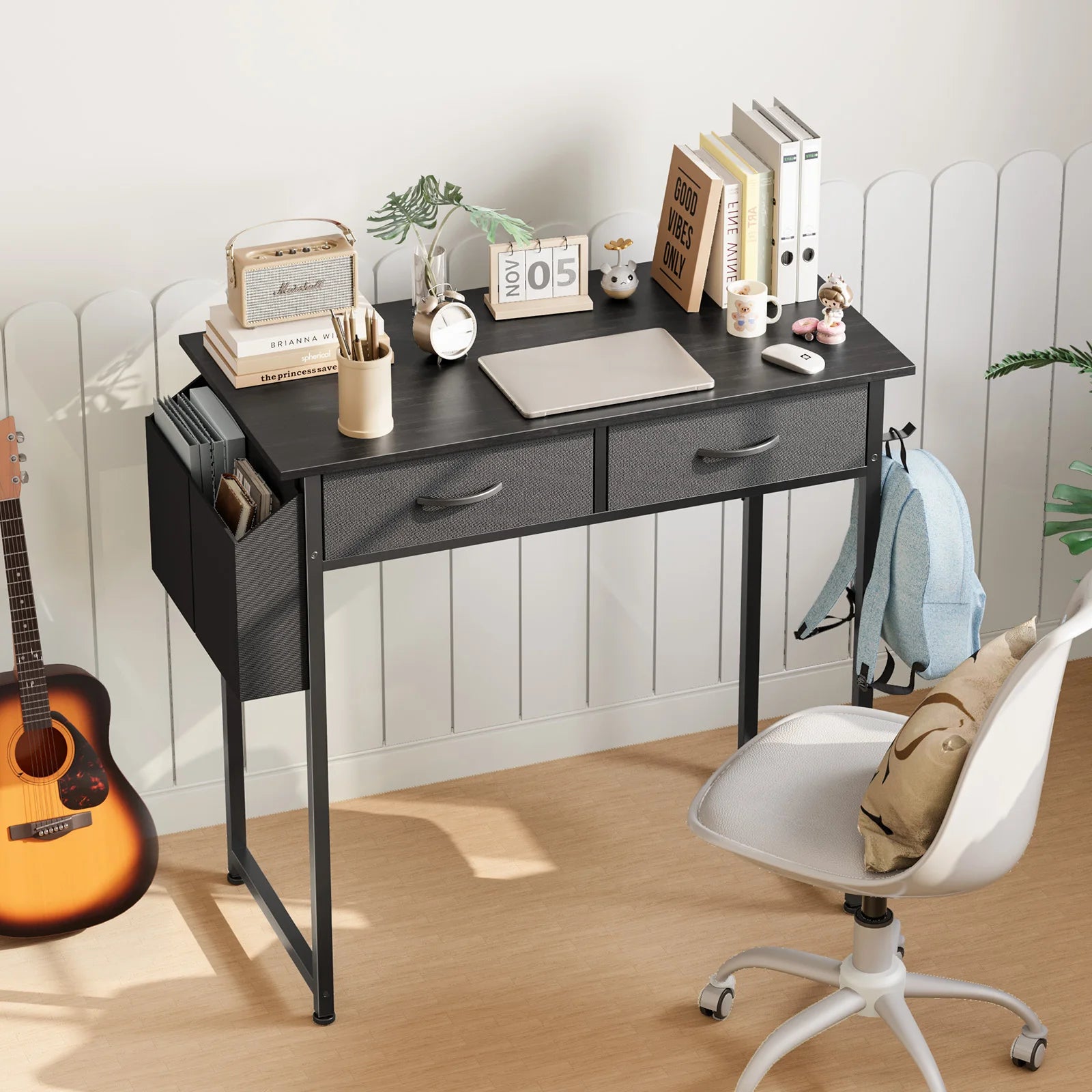 JHK Modern Office Computer Desk 32 Inch with Fabric Storage Drawers Space Side Bag Metal Frame Adjustable Feet For Home PC Table