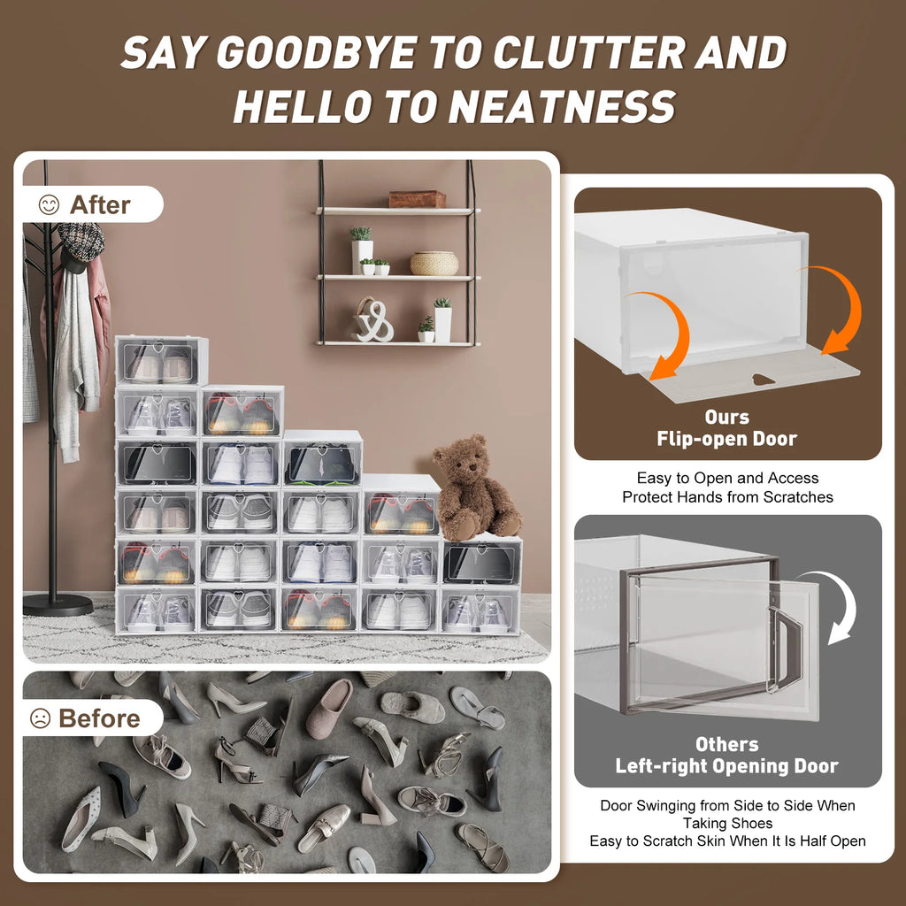 20PCS Foldable Flip Shoe Boxes Set, Shoe Rack Stackable Storage Container Plastic Clear Shoe Case Home Organizer 33*23*14cm