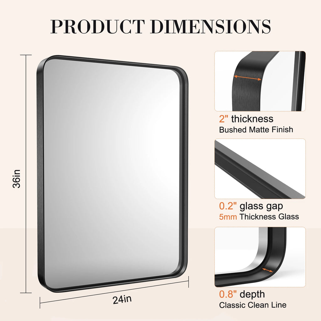 JHK 24x36 Inch Large Rectangle Vanity Framed Mirror for Wall Matte Metal Framed Modern Mirror Tempered Glass For Living Room