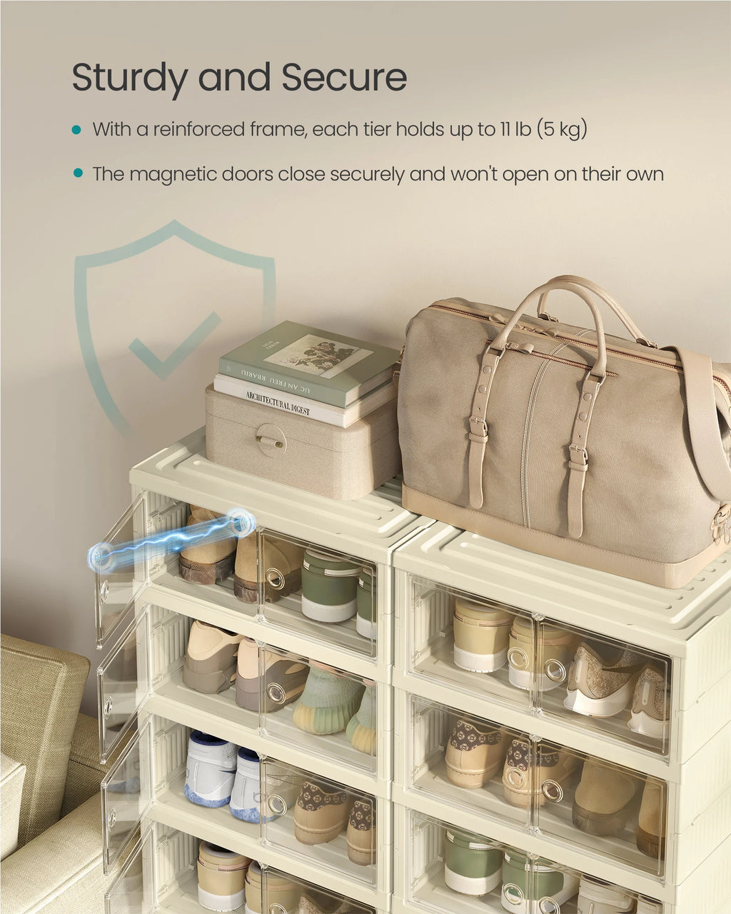 SONGMICS Foldble Shoe Storage Organizer for Closet, Stackable Sneaker Cabinet with Magnetic Door, Large Plastic Container Bins f