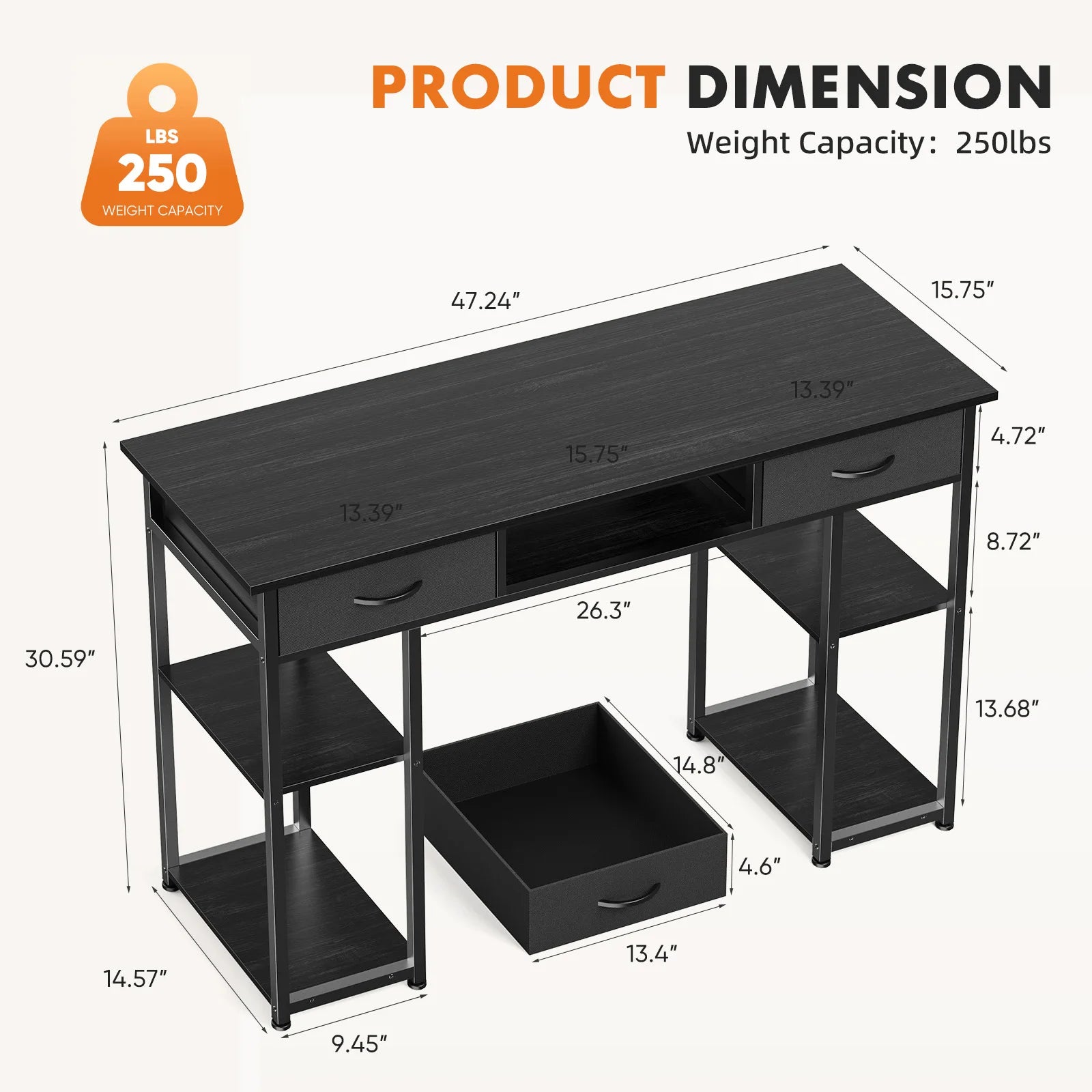 JHK 48 Inch Computer Gaming Desk with Fabric Drawers Storage Shelves Metal Frame Adjustable Feet Table For Bedroom Home Office