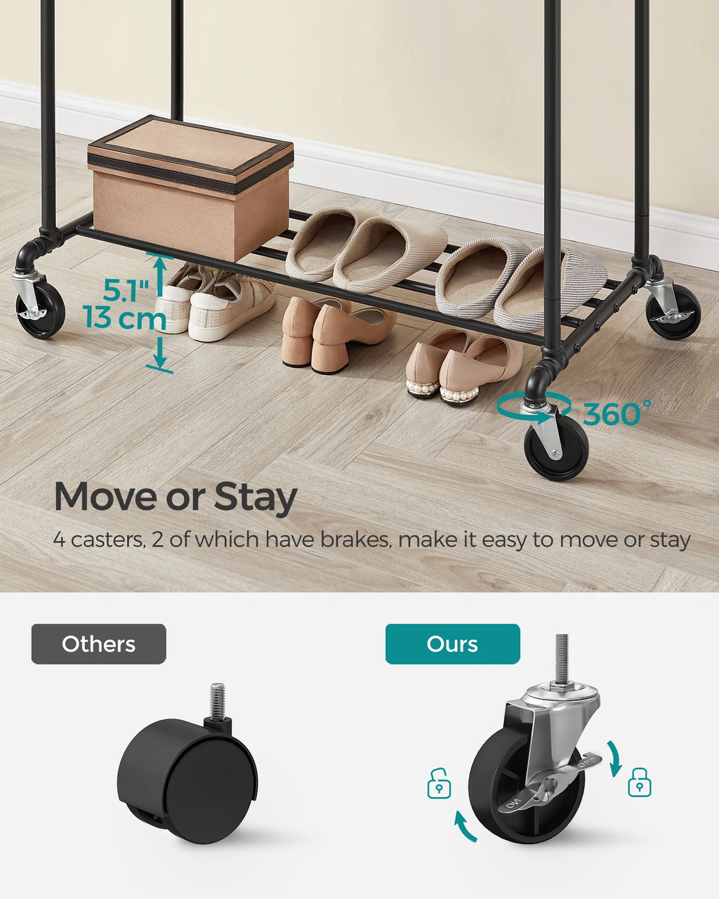 SONGMICS Heavy-Duty Clothes Rack, Double-Rod Clothing Rack for Hanging Clothes, Industrial Garment Rack on Wheels, Metal Frame,