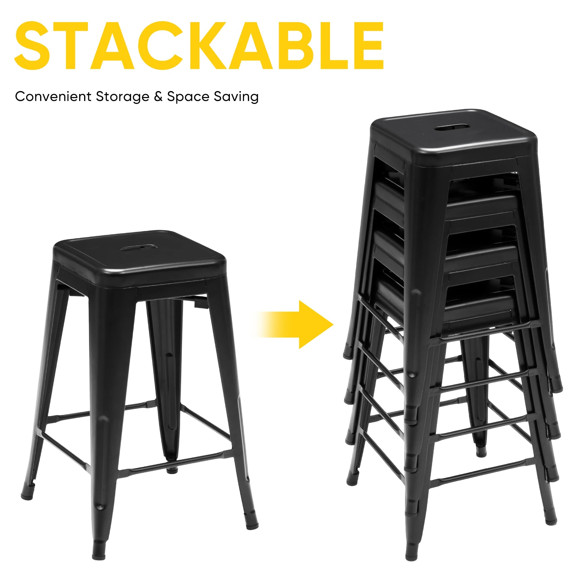 JHK 24 IN Metal Bar Stools Set of 4 Stackable Stools No Assembly Required Backless Counter Height Bar Stools for Kitchen Outdoor