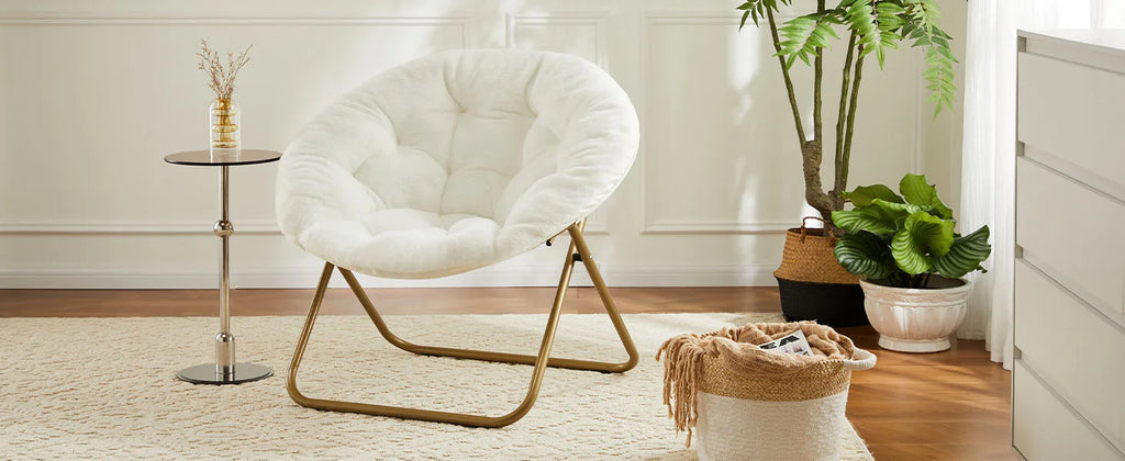 JHK Faux Fur Cozy Saucer Chairs For Living Room Folding Thick Padded Seat Metal Frame X-Large Reading Lounge Furniture