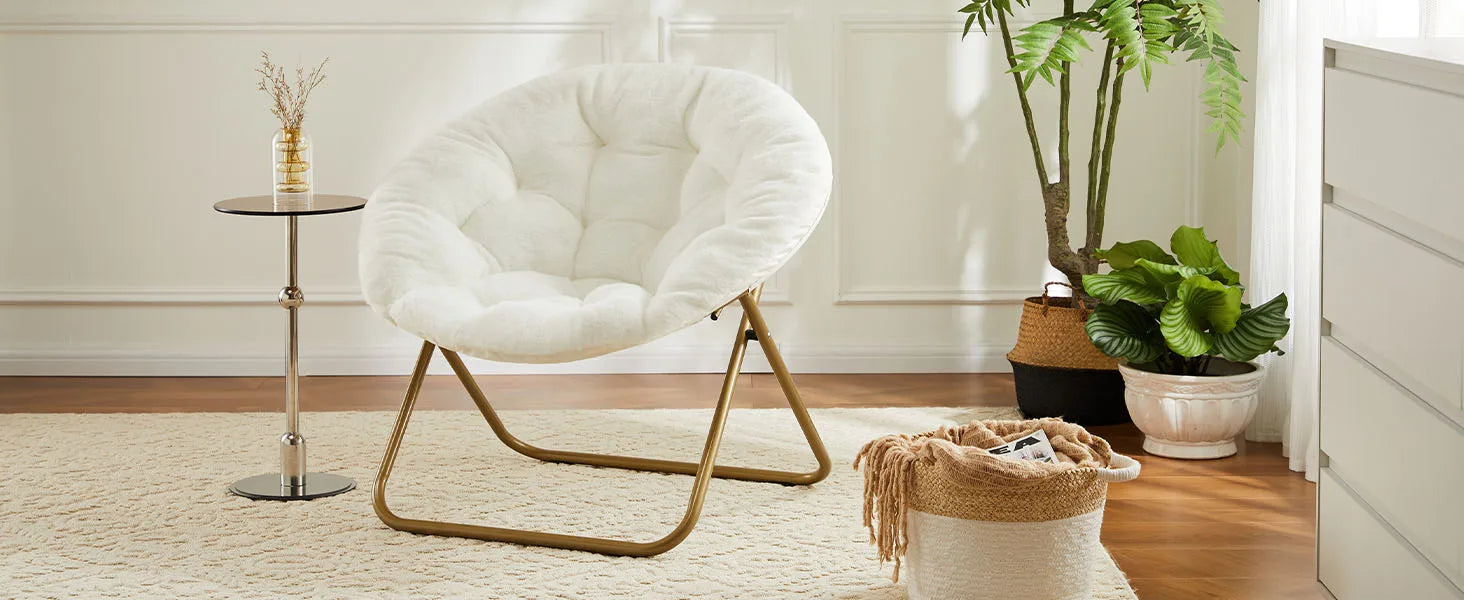 JHK Faux Fur Cozy Saucer Chairs For Living Room Folding Thick Padded Seat Metal Frame X-Large Reading Lounge Furniture
