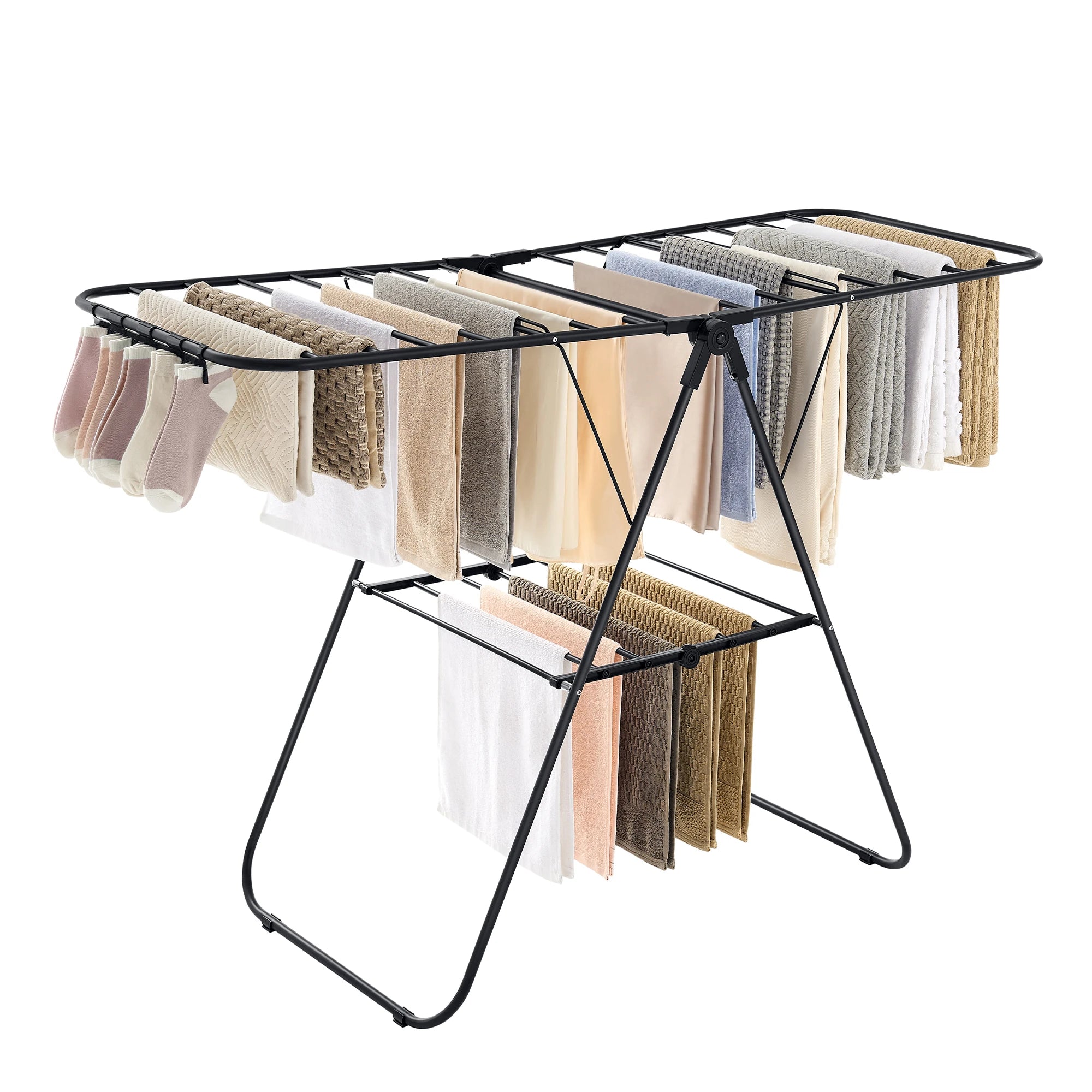 SONGMICS Clothes Drying Rack, with Sock Clips, Metal Laundry Rack, Foldable, Space-Saving, Free-Standing Airer, with 2 Height-Ad