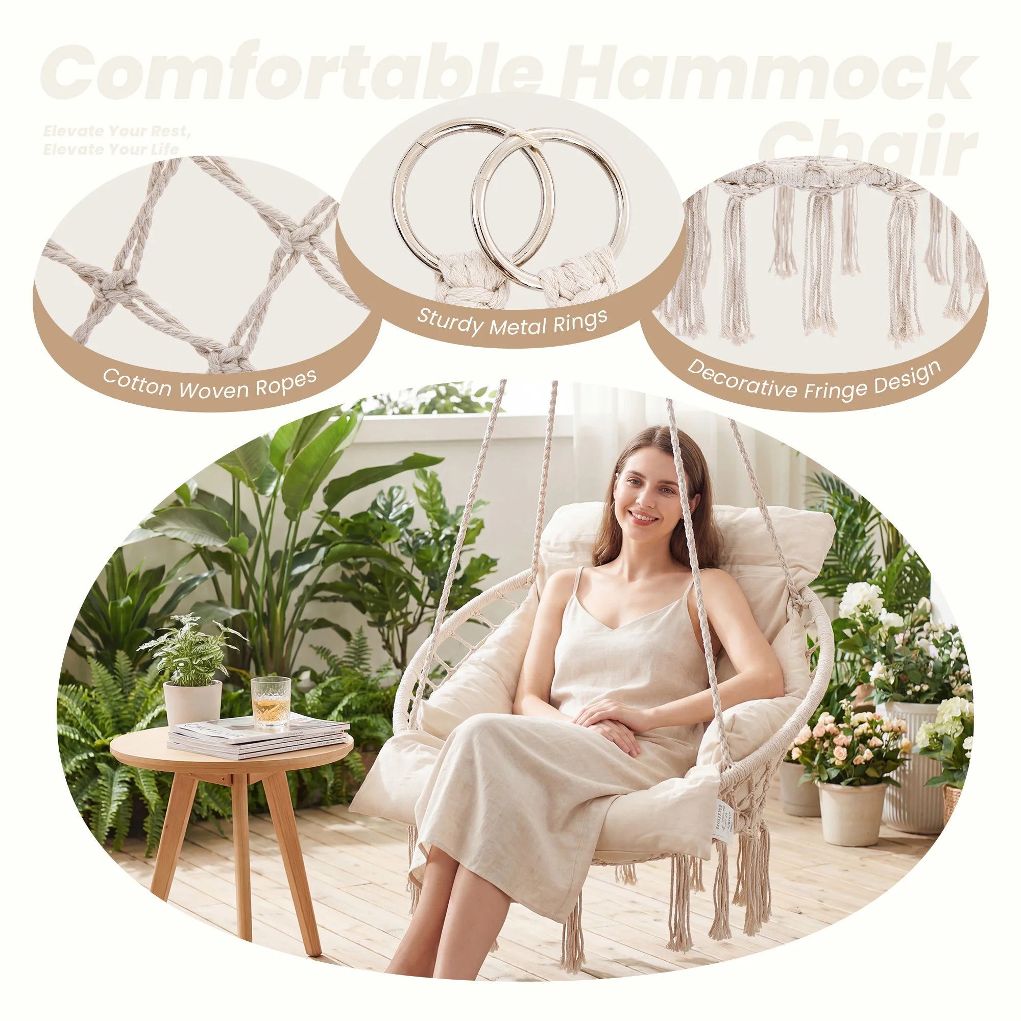 JHK 31in Hammock Hanging Chair with Oversized Padded Cushion Cotton Rope Swing Chair with Tassels 330 lb Capacity Outdoor