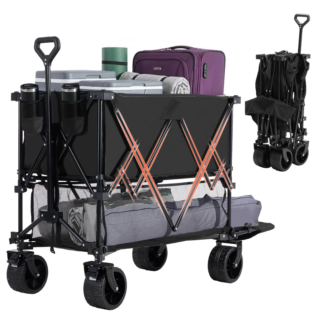 JHK Outdoor Wagons Cart Double Decker 440 lbs Large Capacity Collapsible Foldable Garden Beach Cart for Grocery Garden Camping