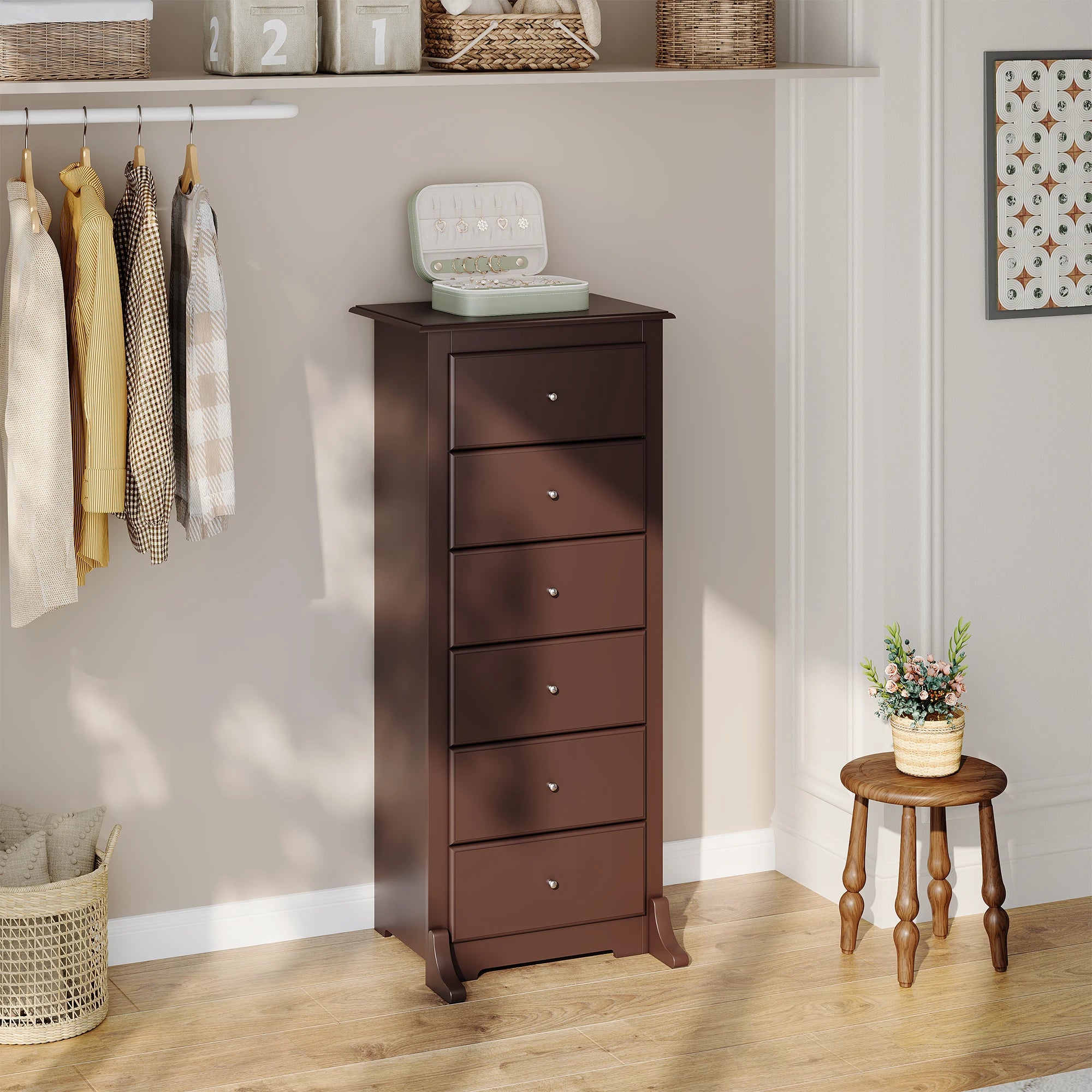 JHK 6 Drawer Wooden Dresser Chest for Living Room 19" x 23.25" x 52.75" Modern Storage Cabinet for Home Furniture Closet