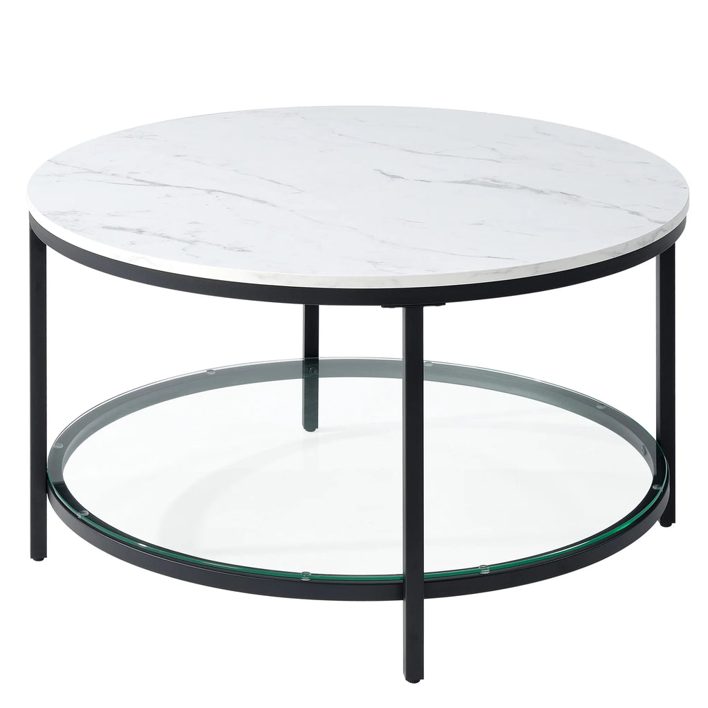JHK 31IN Marble Round Coffee Table For Living Room 2-Tier Center Counter with Storage Metal Frame Glass Base Tables Modern