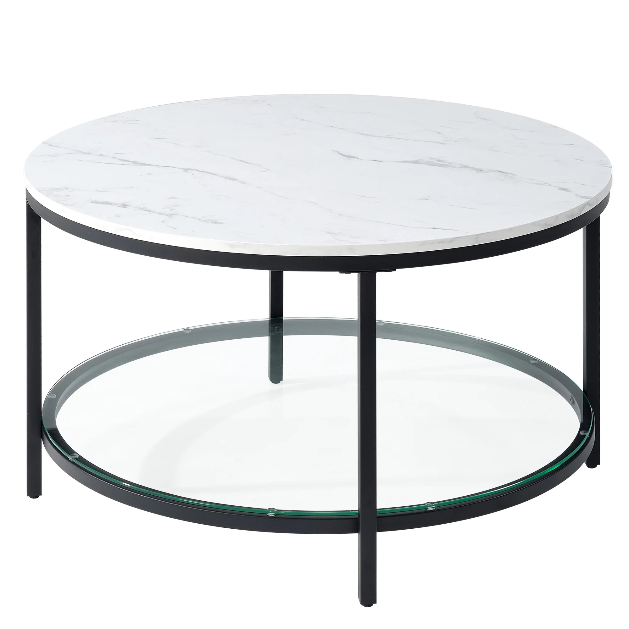 JHK 31IN Marble Round Coffee Table For Living Room 2-Tier Center Counter with Storage Metal Frame Glass Base Tables Modern