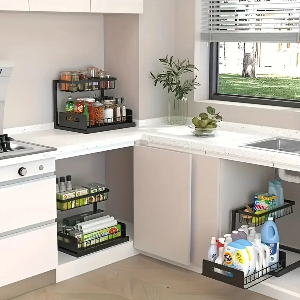 Kitchen Double-Layer Sliding Sink Under-Sink Shelf for Home Use Pull-Out Cabinet Storage Rack for Kitchen and Bathroom Storage