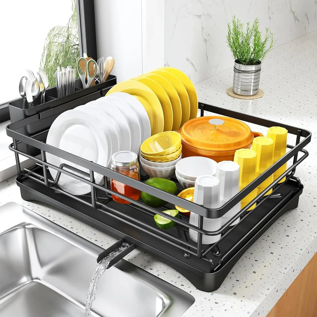 Spacious Kitchen Dish Rack with Drainboard - Rust-Resistant Countertop Drainer with Utensil Holder for Efficient Drying