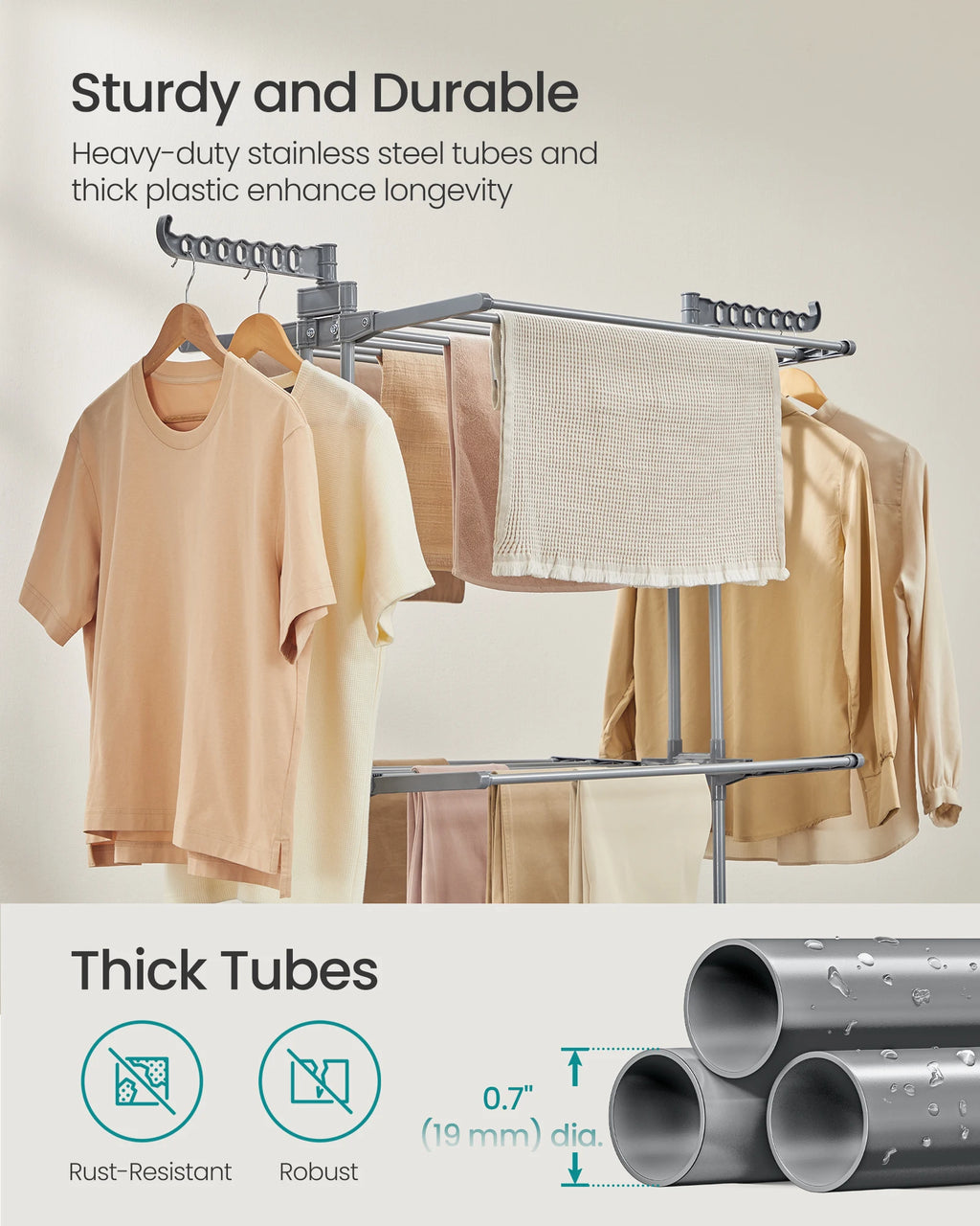 SONGMICS Clothes Drying Rack 3-Tier, Foldable Laundry Drying Rack 58.3-Inch Tall, Stainless Steel, Rolling Clothes Horses, Cloth
