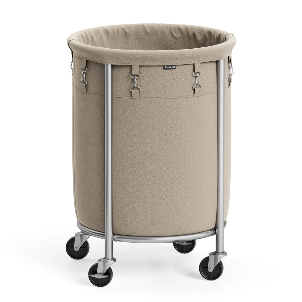 SONGMICS 29-Gallon (110 L) Laundry Basket with Wheels, Rolling Round Heavy-Duty Laundry Hamper Cart with Steel Frame and Removab