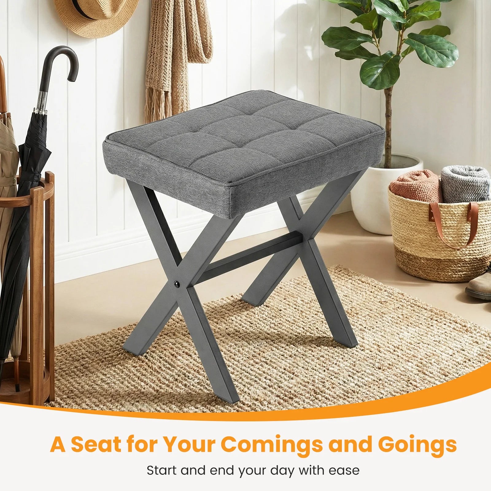 JHK Ottoman Square Linen Footstool Chair Metal X Legs Comfortable Padded Seat Vanity Makeup Stool Space-Saving for Living Room