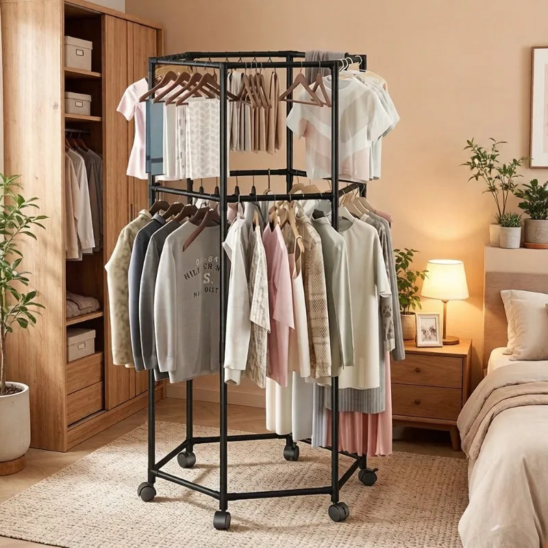Mobile Metal Coat Rack with Wheels, Space Saving Clothes Drying Hanger Stand for Balcony Living Room Home