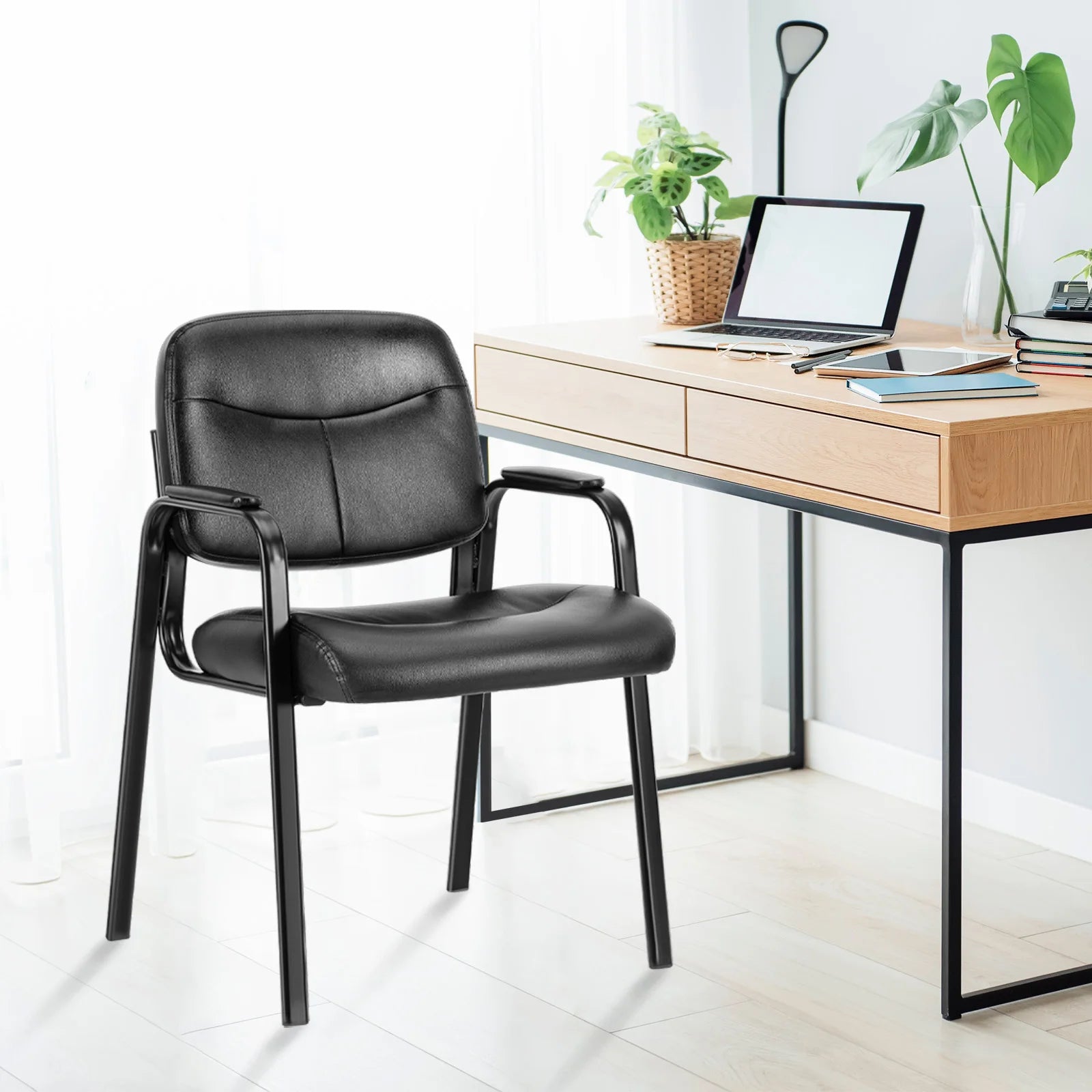 JHK Pu Leather Waiting Room Chair Comfy Guest Chairs with Padded Arms for Reception Conference Side Office Desk Home Furniture