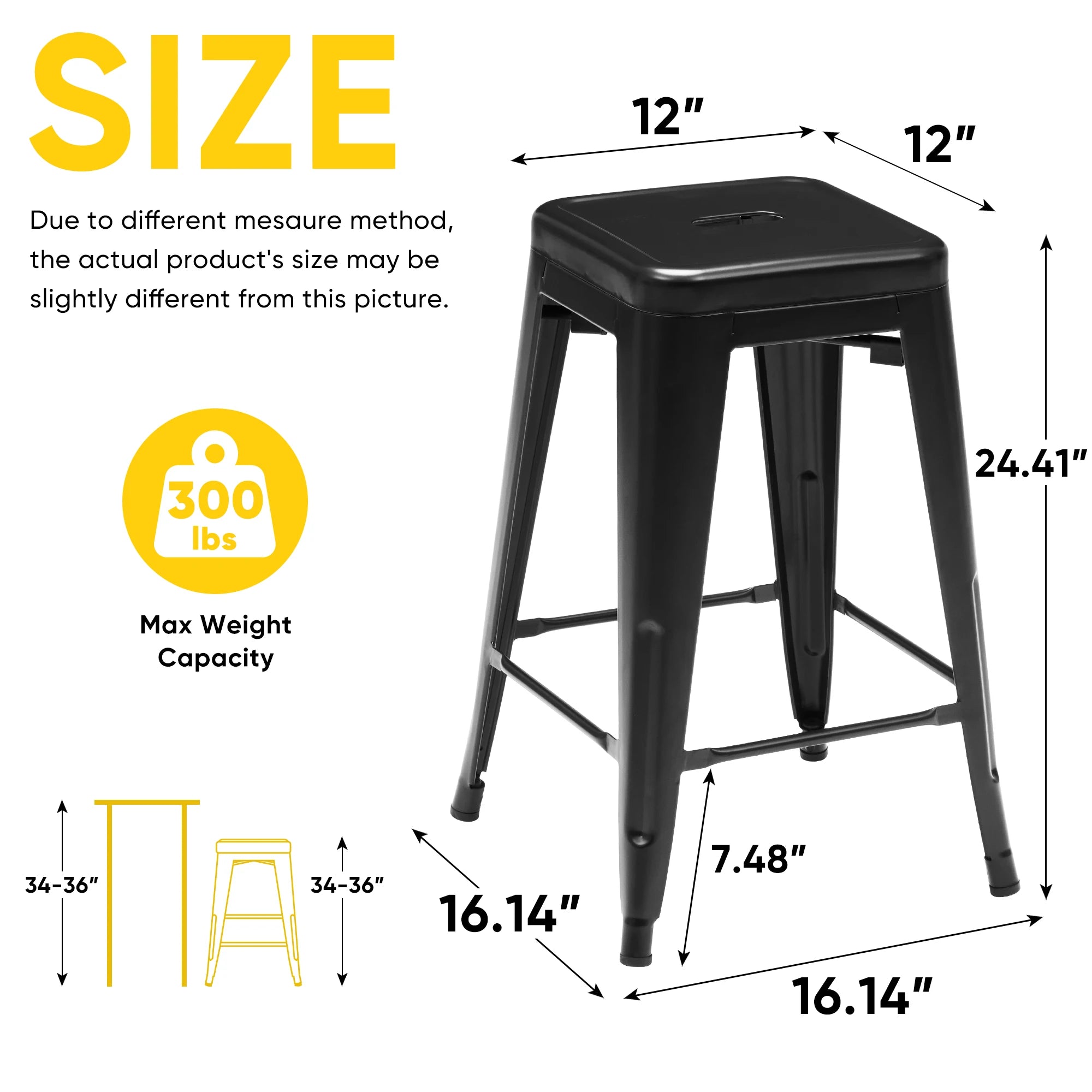 JHK 24 IN Metal Bar Stools Set of 4 Stackable Stools No Assembly Required Backless Counter Height Bar Stools for Kitchen Outdoor