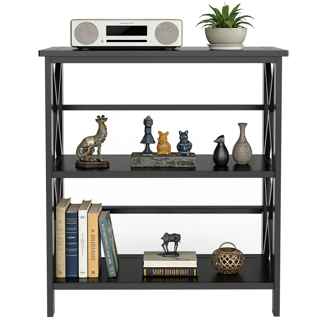 JHK 3 Tier Bookshelf with Wood Shelves Sturdy Wood Frame Heavy Duty X-Design Shelf Storage Organizer for Home Office