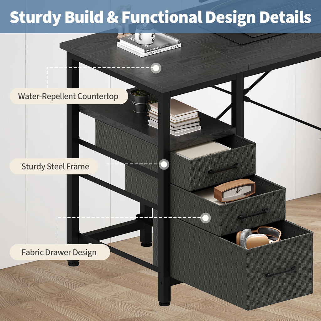 JHK 40 Inch Computer Desk with 3 Fabric Drawers Office Gaming Desk Writing Study Table with Side Pocket Space Saving Desk ﻿
