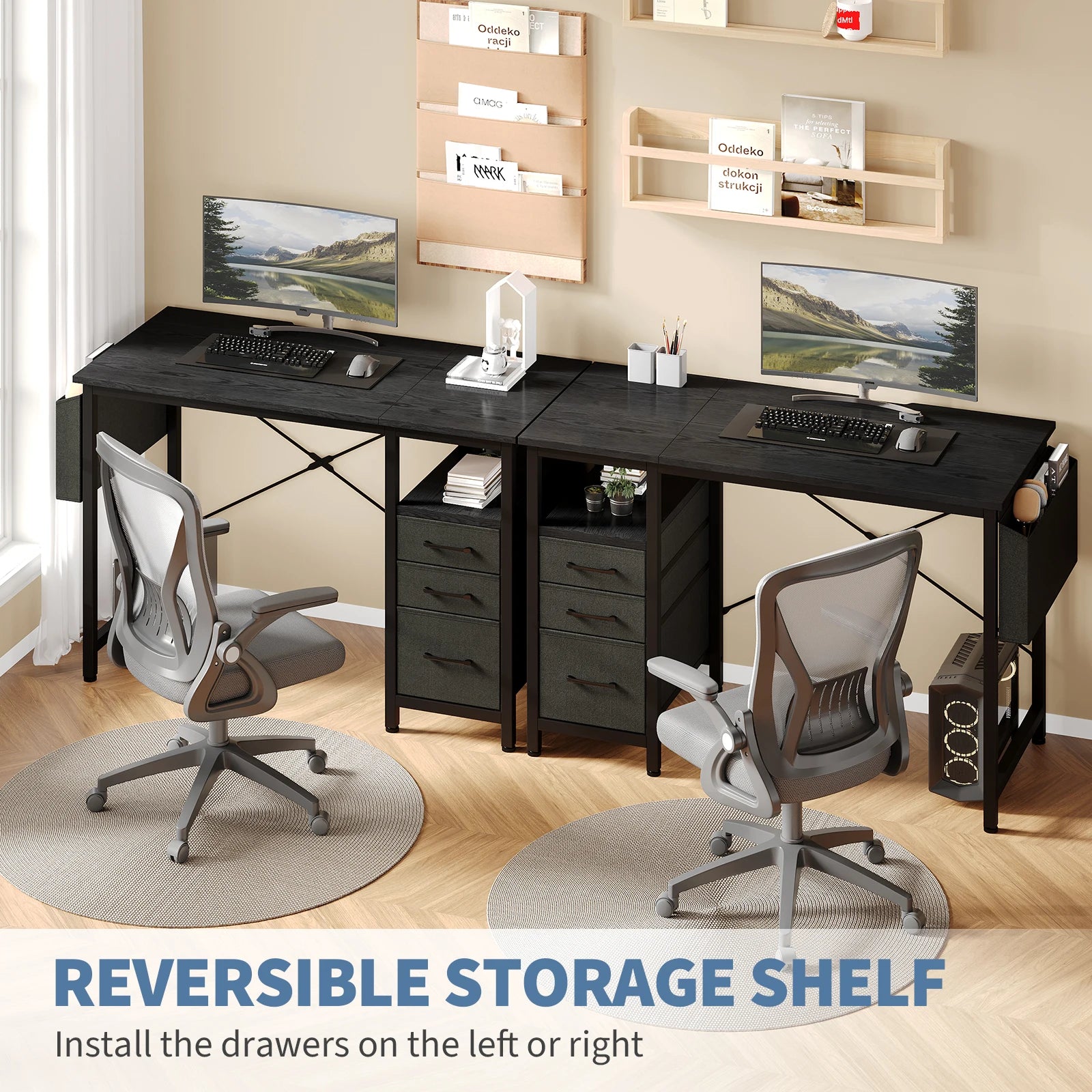 JHK 40 Inch Computer Desk with 3 Fabric Drawers Office Gaming Desk Writing Study Table with Side Pocket Space Saving Desk ﻿